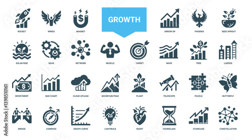 collection icons growth progress development across aspects life, investment tree wave ladder