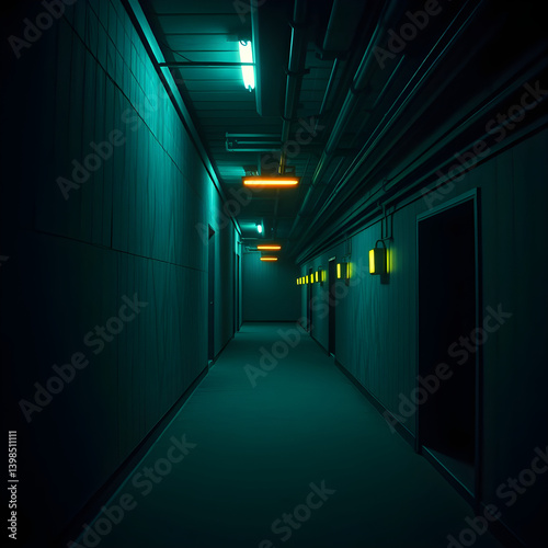 dark liminal space corridor, dystopian style, 3d render 