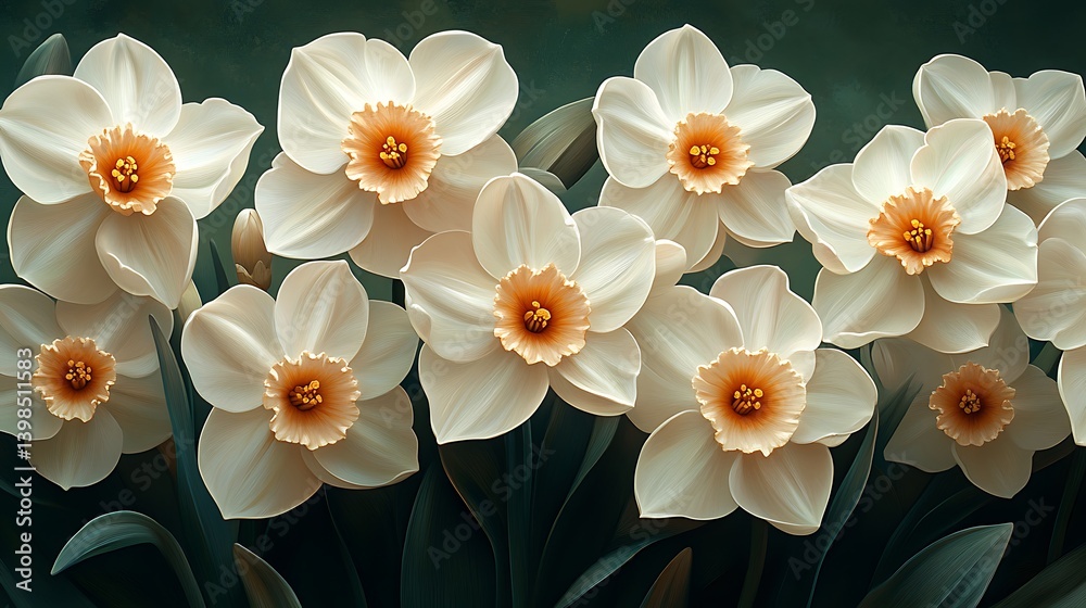 Fototapeta premium A close-up view of bright white and orange daffodils blooming in a spring garden environment for.