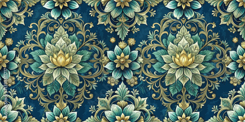 Intricate floral pattern featuring gold and teal on a deep blue background.