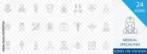 Medical specialties line icon collection set. containing  Gynecology, Endocrinology, Hematology, Gastroenterology  more icons art.