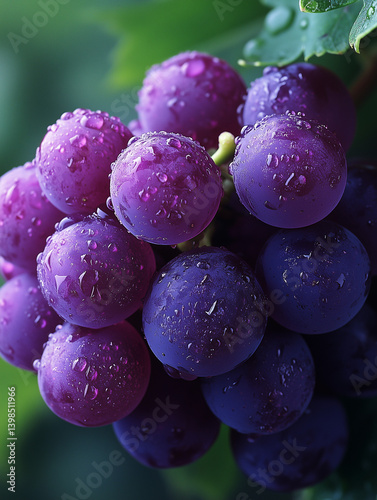 Wallpaper Mural Fresh purple grapes with water droplets on a green background for a natural look Torontodigital.ca