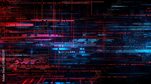 A fading lines of coding numbers, analog synth visuals, glitch art, VHS Distortion, blue and red neon line art, Generative AI illustrations.
