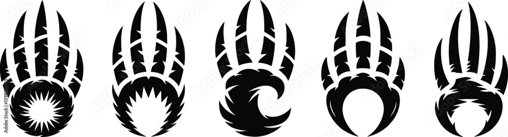 Fototapeta premium Bear Claw Tribal Tattoo Silhouettes, Animal Paw Print Vector Icons