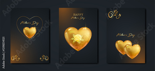 Happy Mothers day vector set greeting card. Glossy gold hearts, floral texture on black background. Luxury holiday poster concept for mother's day banner, flyer, party invitation, gift shop, templates