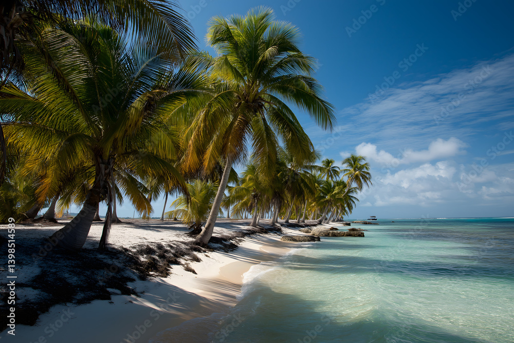 Fototapeta premium Paradise Beach with Palms and Crystal-Clear Turquoise Water