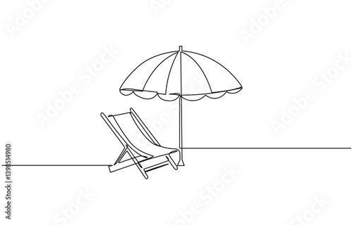 Beach umbrella and chair in one continuous line drawing, Summertime relax on deck chair on coast of sea. Relaxation equipment. Vector outline.