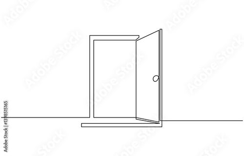 Open door with one continuous line. Single line editable drawing of office entrance, A modern line art depiction of an open door in one continuous line, Open door continuous one line drawing.