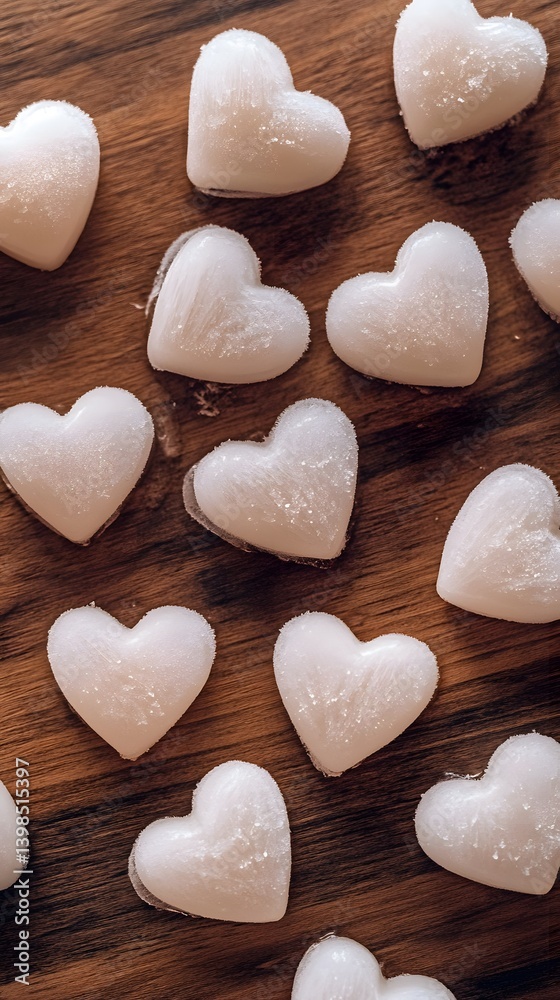 Obraz premium Frosted Heart Shaped Ice Cubes on Wood