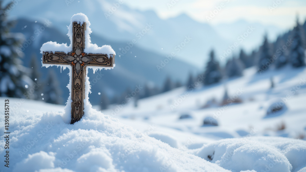 Snowy mountain landscape with a cross for Christian symbolism. Snowy mountain landscape with a cross for Christian symbolism.