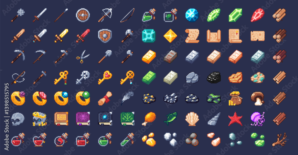 Pixel art item set for rpg retro game