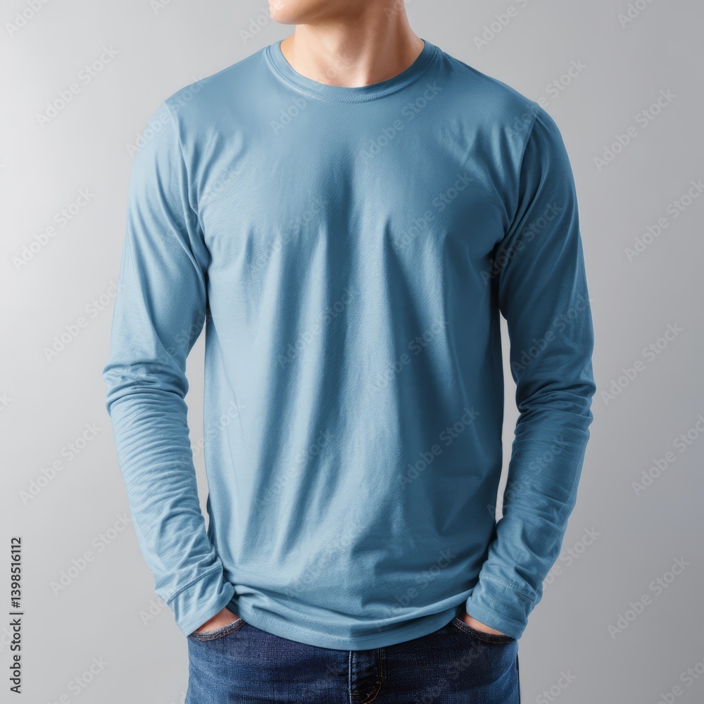 Long Sleeve Blue Mockup Shirt Front View on a Neutral Background for Fashion Displays Long Sleeve Blue Mockup Shirt Front View on a Neutral Background for Fashion Displays
