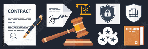Legal and compliance 3D icon set with contract, gavel, signature, privacy shield, and regulation book on a dark background