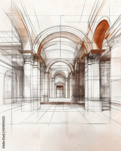 Architectural sketch of a vaulted hallway with arched ceilings, classical columns, and a distant doorway. Monochromatic palette with orange accents.