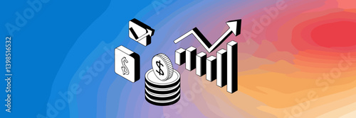 Isometric financial growth vector icons set with stock charts and cryptocurrency