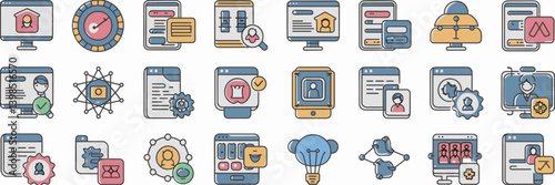 Vector icon set of e-learning and online courses concepts, including webinars, certifications, and coaching