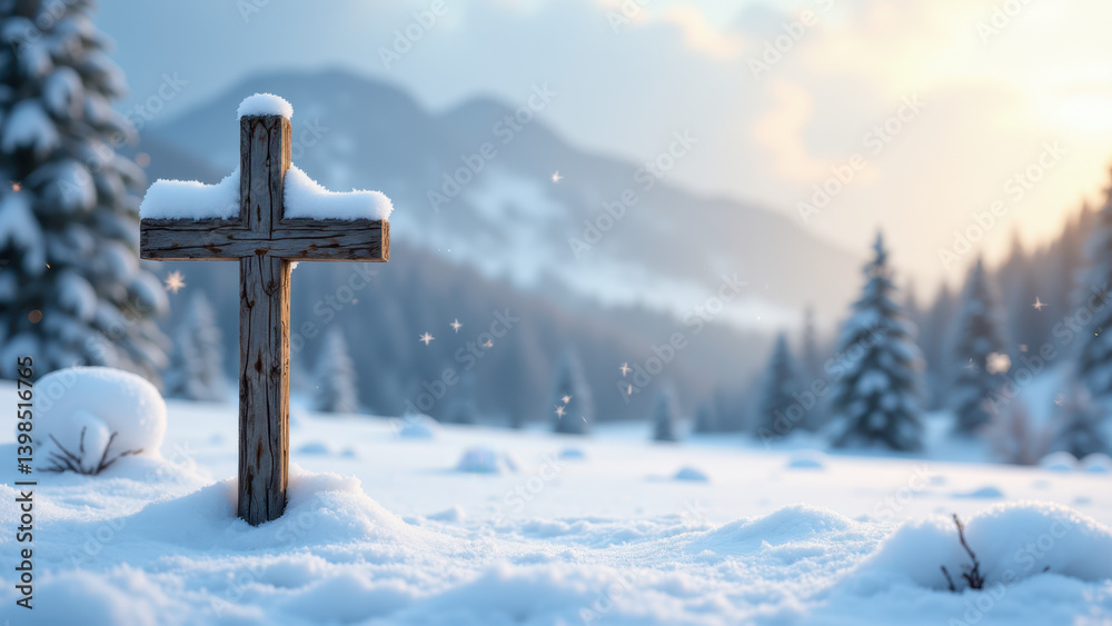 A serene winter scene with a wooden cross standing in snowy field against mountain backdrop at sunrise. A serene winter scene with a wooden cross standing in snowy field against mountain backdrop at sunrise.
