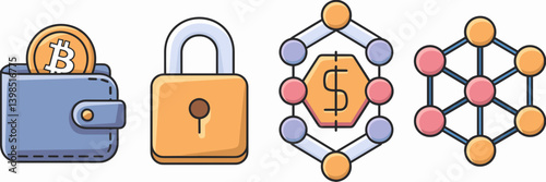 3D vector fintech and blockchain icon set with cryptocurrency, secure transactions, and decentralized finance