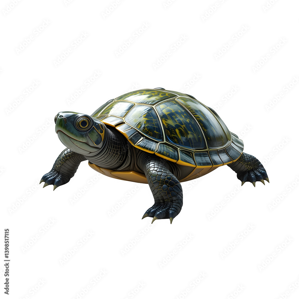 Obraz premium A cute turtle walking on a white background isolated, showcasing its shell and reptile features in a natural, wildlife setting