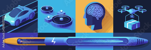 Futuristic 3D transportation icons featuring AI-driven vehicles, drone logistics, Hyperloop system, and smart traffic navigation