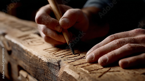Male woodworker carving initials into bench handle