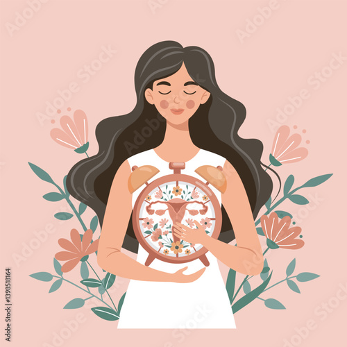 Woman with uterus in clock surrounded by flowers, symbol of care and health. Women's Health Day. Menopause, menstrual cycle, gynecology.