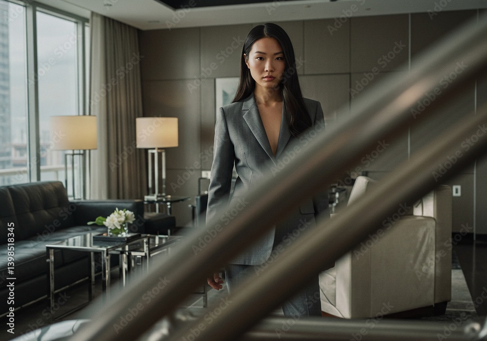 Confident woman in a grey suit standing in a modern office setting Confident woman in a grey suit standing in a modern office setting