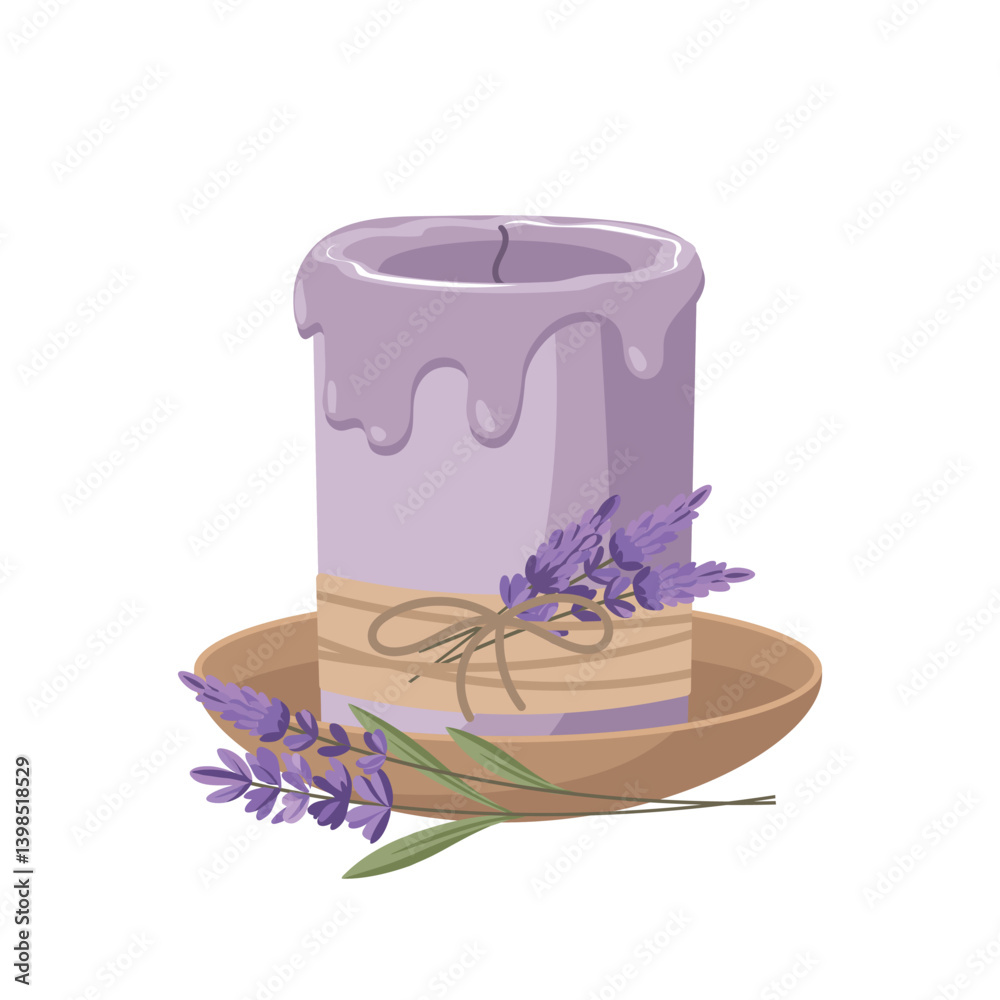 Lavender scented candle with floral decor. Cute candle with lavanda flowers. Flat illustration, postcard.