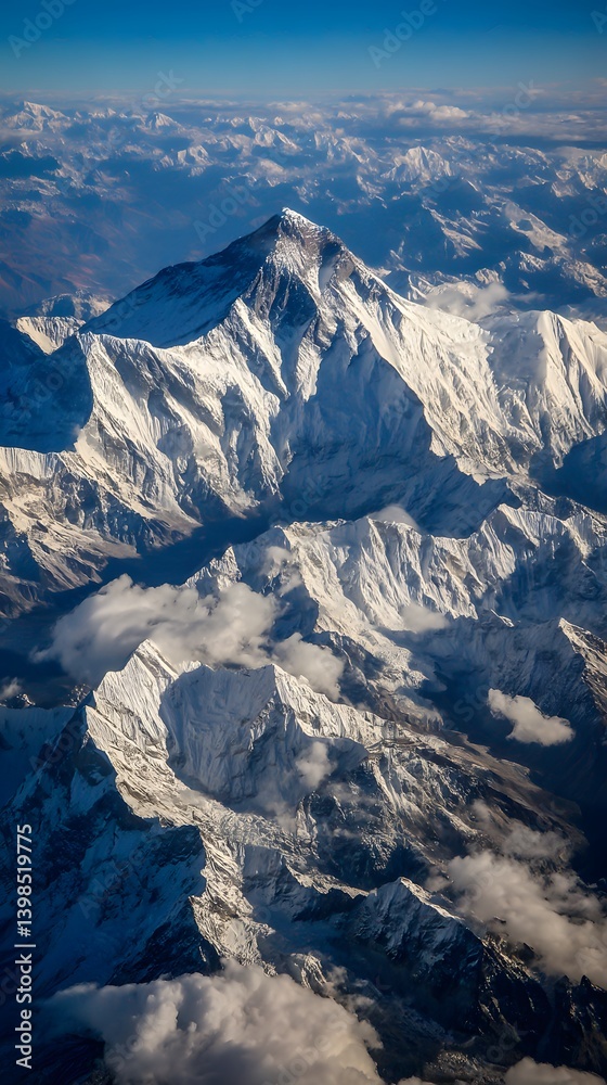 Fototapeta premium Majestic Peaks: A breathtaking aerial perspective unveils a towering mountain range, their peaks draped in pristine snow and ice, set against a vast expanse of blue sky.