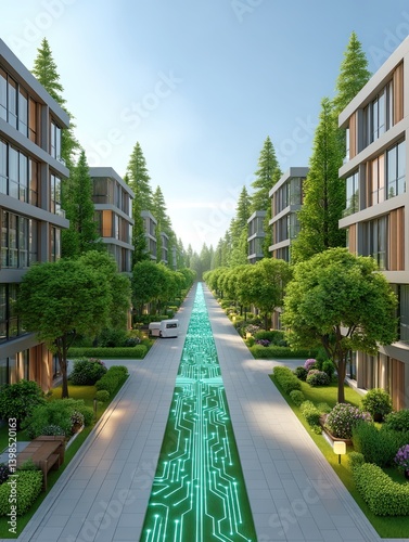 AI-powered automation in daily life home systems, Futuristic urban street with greenery and tech-inspired design. Domestic AI solutions, elder care automation