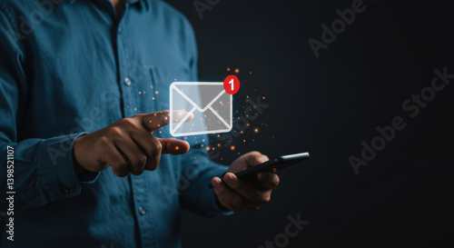 New Email Alert! Man Checks Mail on Phone. Stay Connected with Digital Communication & Instant Notifications, Modern Lifestyle, Tech, Productivity.