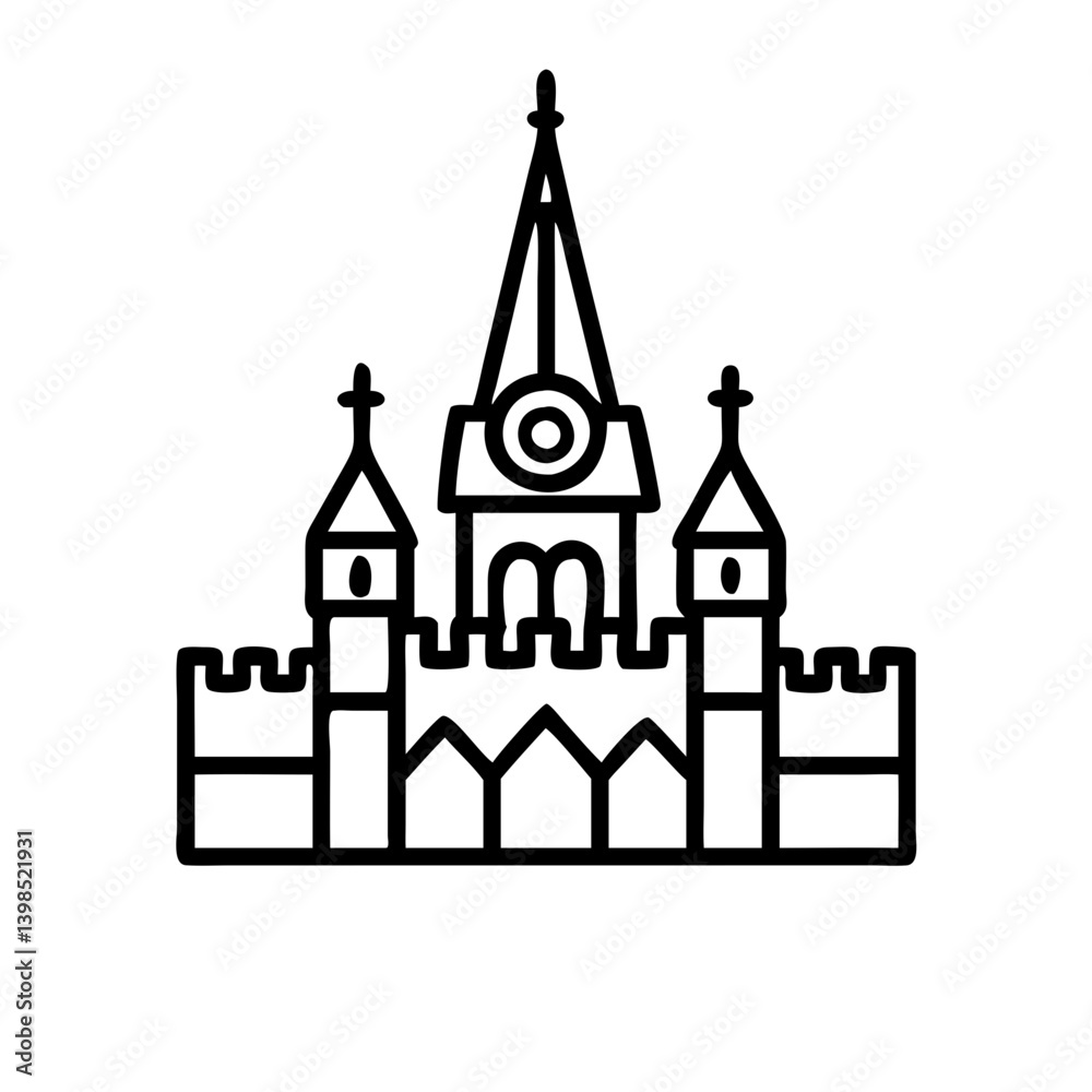 Naklejka premium Vector line art drawing of medieval castle architecture building silhouette landmark icon