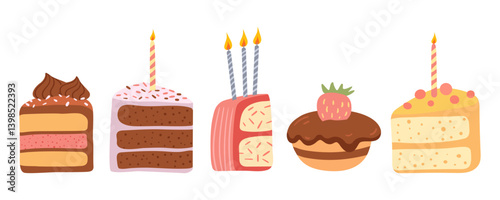Set of 5 cute vector cake slices in flat pastel style. Includes chocolate, layered, and fruit-topped cakes with candles. Fun and sweet dessert collection for birthdays and kids' designs.