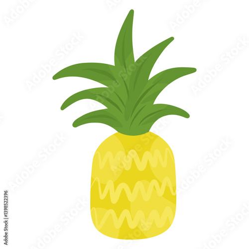 Cartoon Pineapple illustration, Yellow pineapple with green leaves. Tropical fruit icon for cards, designs, invitations, logos