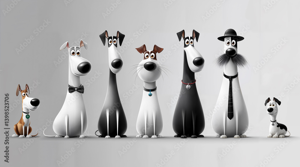 Obraz premium Playful cartoon dogs in a minimalist design, each with unique characteristics and expressions, perfect for pet-related branding, children's books, and animated content