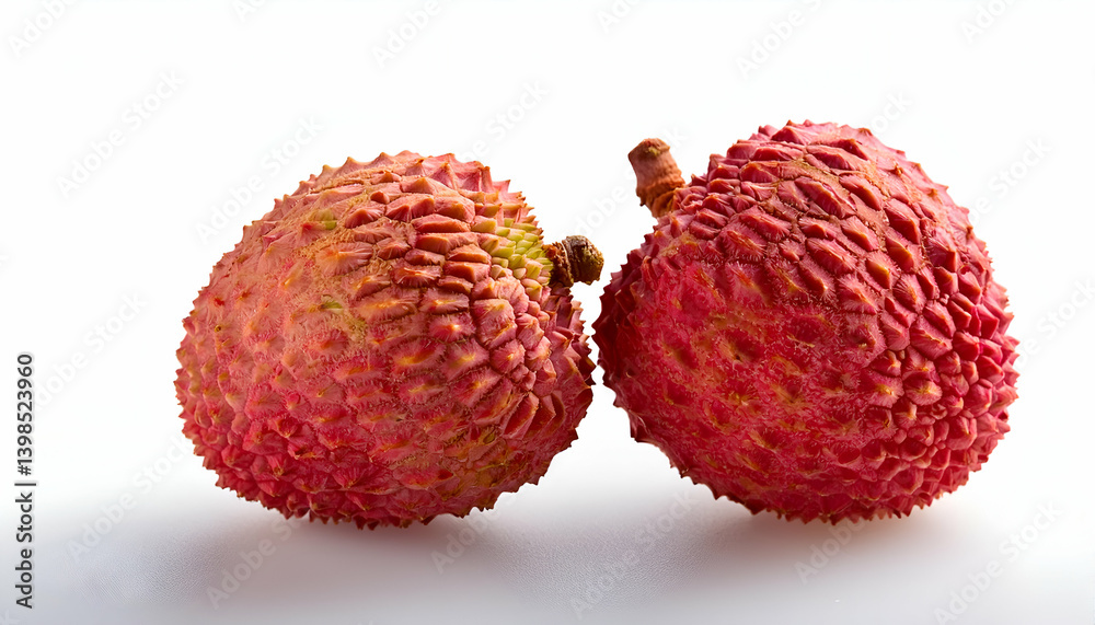 Two lychees in reddish rough skin, tropical and juicy.
Two lychees in reddish rough skin, tropical and juicy.