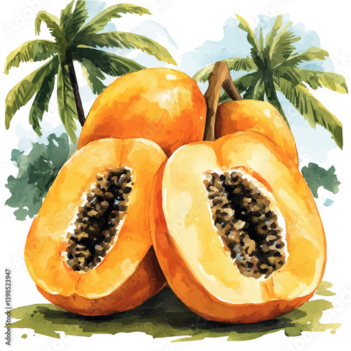 Papaya tree, watercolor illustration, isolated on a white background.

