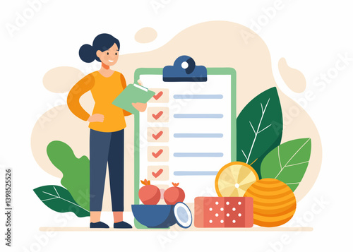 Woman holding clipboard with checklist next to fruits and leaves in a colorful illustration
