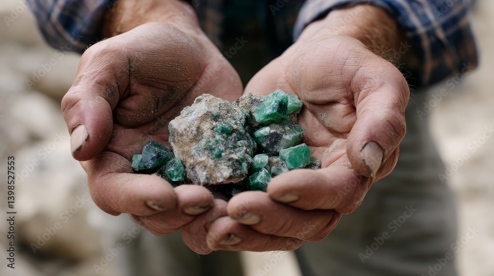 Mud-crusted fingers gently hold a cluster of raw emerald crystals embedded in dark rock, with a field notebook reflecting the exploration activity in the background Mud-crusted fingers gently hold a cluster of raw emerald crystals embedded in dark rock, with a field notebook reflecting the exploration activity in the background