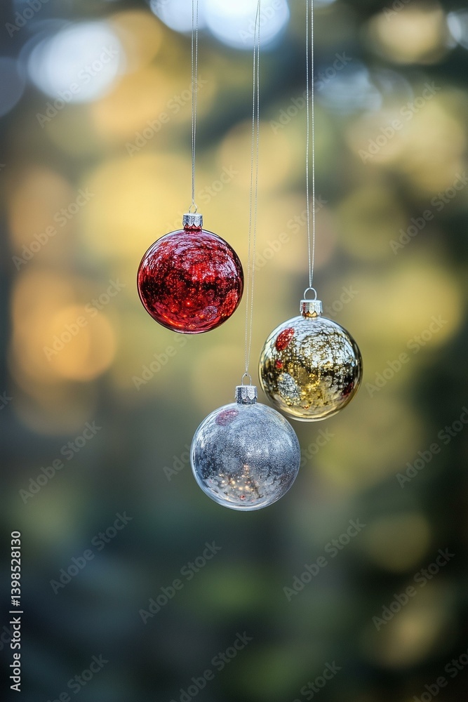Christmas balls hanging on an out of focus background