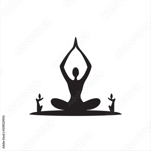 A simple yet elegant black and white vector illustration of International Yoga Day.  The modern flat design style uses two-dimensional silhouettes, creating a timeless aesthetic against a pure white