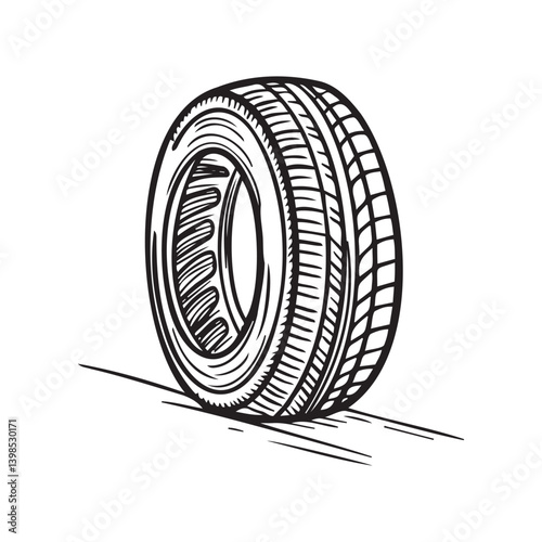 A tire is drawn in black and white