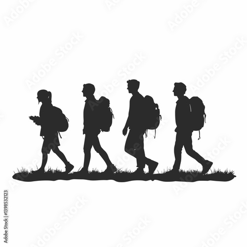 Group of backpackers walking in a row silhouette

