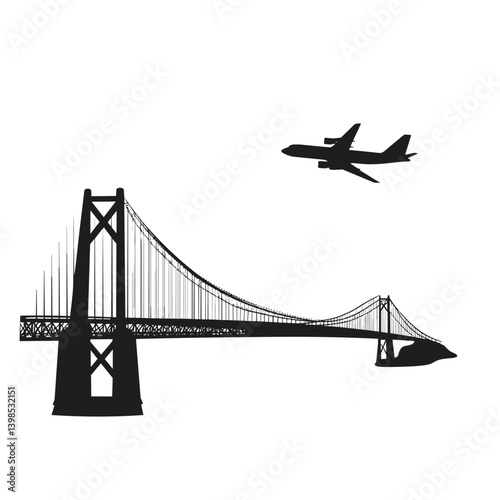 Airplane flying above bridge in travel silhouette

