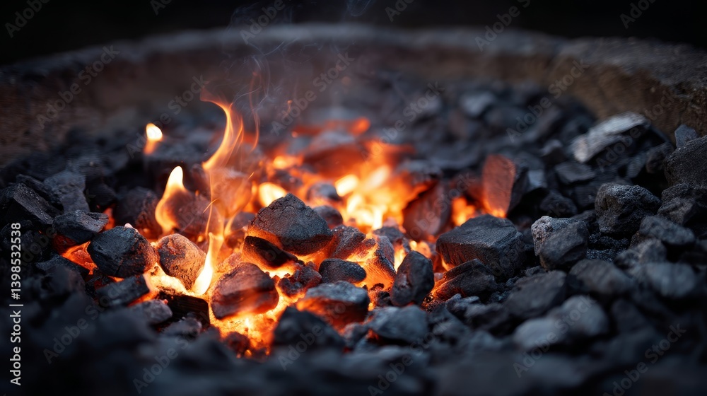 Charcoal embers glow intensely in a rustic grill, with swirling smoke creating an ethereal atmosphere against a dark slate backdrop, inviting warmth and cooking Charcoal embers glow intensely in a rustic grill, with swirling smoke creating an ethereal atmosphere against a dark slate backdrop, inviting warmth and cooking