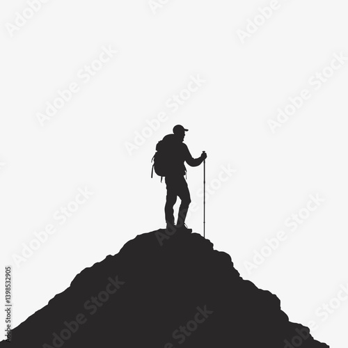 Hiker standing on mountain peak in silhouette style

