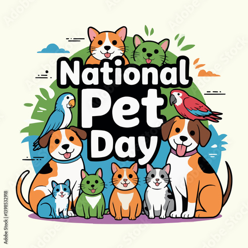 National Pet Day Vector Illustration with Cute Animals and Paw Elements