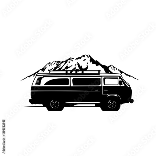 Minivan parked near mountains in black and white style

