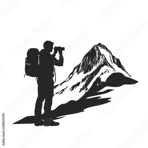 Hiker looking at mountain with binoculars silhouette

