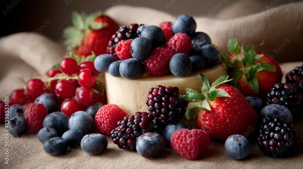 Classic cheesecake topped with vibrant fresh berries like strawberries, blueberries, raspberries, and blackberries makes a delightful dessert Classic cheesecake topped with vibrant fresh berries like strawberries, blueberries, raspberries, and blackberries makes a delightful dessert